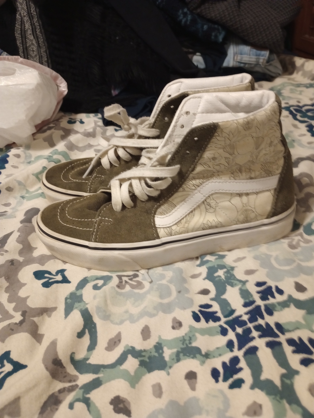 Vans Olive Green and White High-Top Sneakers